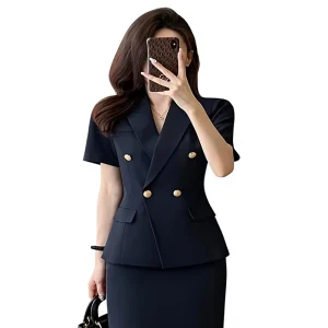 Professional Women’s Elegant Anti-Wrinkle Spandex Polyester Front Desk Overalls Short Pants Suit Double-Breasted