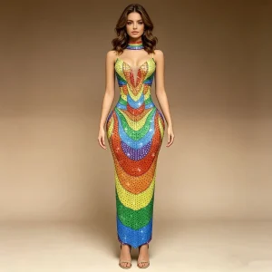 Promotional Apparel Different Girls Party Dress rainbow Crystal Deep V Women’s Summer Dress