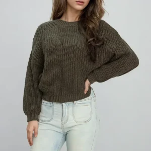 Pure Cotton Lantern Sleeve Pullover Crew Neck Sweater Knitwear Women Casual Loose Knit Top