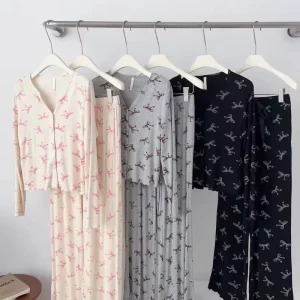 Pure Desire Style Bow Printed Polyester Women’s Pajamas Spring Autumn Thin Simple Casual Loose Large Size Outwear Summer Home
