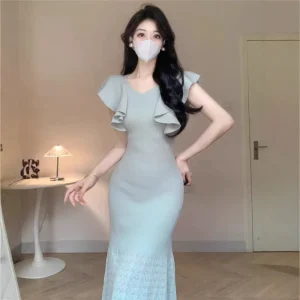 Pure Seduction V Neck Collarbone Baring Strap Women’s Summer Resort Style Solid Color Mid length Skirt Waist Cinching Dress
