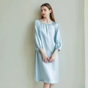 Pure Silk Long Sleeved Nightgown Elegant Knee Length Sleepwear with Neck Front Located Logo Loose Fit for Women Summer