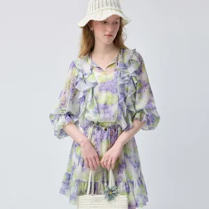 Purple Green Blurry Two Piece Mini Dress For Women V Neck Ruffle Yoke Flare Sleeve Sheer Chiffon Blouse