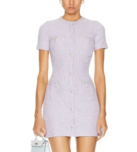 Purple Short Sleeve Round Neck Knitted Button Pocket Design Sequin Stylish Sexy Slim Fit Ladies Casual Work Comfort Mini Dress