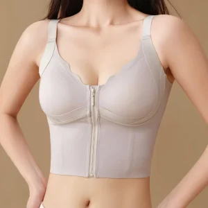 Push Up Wire Free Front Zipper Bra Adjustable Straps Breathable Seamless Side Widening Design Shaping Underwear