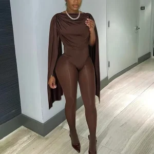 Q25JP302 Women’s Spring New Draped Neck Jumpsuit Long Sleeve Bodycon Romper Casual One Piece Outfit