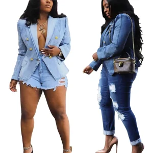 Q30709 Autumn Winter Women’s Blazer Notched Long Sleeve Double Breasted Denim Button Down Blazer Jacket Office Lady