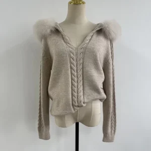 QC25026 Wool Viscose Casual V Neck Anti Wrinkle Breathable Hooded Women’s Cardigan