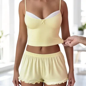 QINSI Spring Women Tank Top Shorts Women’s Nighty Set Sexy Spaghetti Strap Top Knitted Two Pieces Pajama for Women
