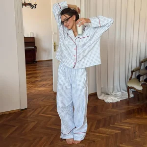 QINSI Women’s Fashion Loungwear Full Sleeve Cotton Pajamas Soft Plaid Gingham Nightwear with Piping for Spring Loungewear