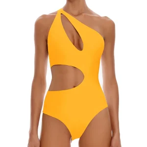 QJZY 4072 Ladies Solid Color Swimsuit Women’s One Shoulder Sexy Beachwear Recycled Fabric Swimwear