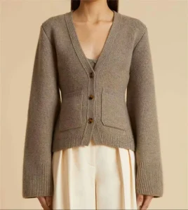 Quality European Ladies Flare Sleeve Women’s 100% Cashmere Sweater Custom Ribbed Knit Knitwear Cardigan Women