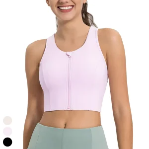 Quick Dry Fixed Pad Mesh Patchwork Yoga Bra Front Zipper Sport Bra High Impact Gym Fitness Tank Top for Women