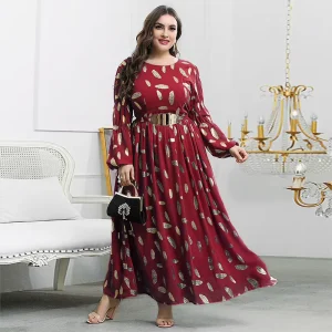 R12667S Women’s Plus Size 4XL Round Neck Red Long Sleeve Printed Large Swing Dress