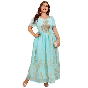 R13834S Women’s Plus Size 4XL Muslim Clothes European Light Blue Color Plus Size Dress