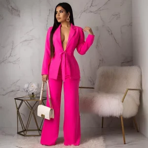 R21072S Pure Color Loose Waistband Two Piece Set Women’S Office Formal Suits & Tuxedo
