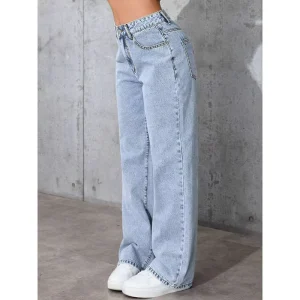 RNSHANGER High Waist Women’s Jeans Casual Loose Straight Leg Long Denim Pants Streetwear Solid Color Ladies Comfortable Jeans