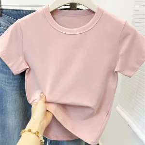 RUICHI Women’s Summer 230GSM Cotton Spandex Regular Shoulder T Shirt Pre shrunk Breathable Slim Fit Versatile Short Sleeve Top