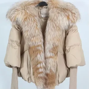Real Fox Fur Trim Down Jacket Women Oversized Lantern Sleeve Puffer Coat OEM Custom Low MOQ Fast Ship Winter