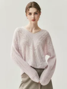 Real Silk Cashmere Sweater For Women Slimming Hollow Out Autumn Winter New V-Neck Knit Sweater Solid Color