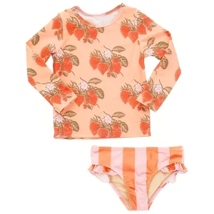 Recycled Polyester Strawberry Print Long Sleeve Rash Guard 2 Piece Bikini Set with Ruffle Bottom Beachwear