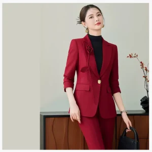 Red Solid V Neck 2 Piece Woven Business Suit Set Women Anti Wrinkle Feature Full Sleeves Single Button Closure Office Wear