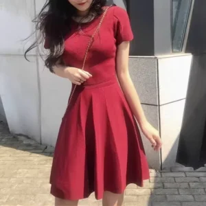 Red Women’s Vintage Summer French style Wedding Toast Dress Everyday Wear Waist cinching Slimming Mid length Skirt
