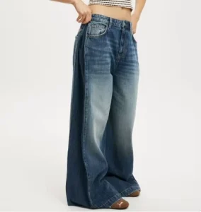 Regular Fit Denim Jeans for Women Summer Street-Style Dark Washed Vintage Casual Pants Wide-Leg Zippers Waist