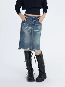 Retro Blue Washed Distressed Irregular Hem Denim Midi Skirt Women’s Stylish Bodycon Mini Skirt