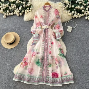 Retro Court Style Printed Hollow Slim Fit Dress for Women in Spring Long Sleeved Elegant Long Skirt