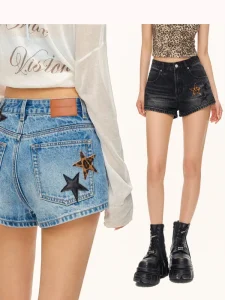 Retro Distressed Leopard Star Leather Denim Shorts Women’s American-style Straight Tube High Waist Zipper Fly