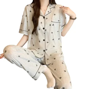 Retro Elegant Heart print Women’s Pajamas Spring summer Short sleeve Two piece Loungewear Set