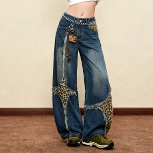 Retro Fashionable Trendy Leopard Print Patchwork Women’s Jeans