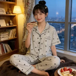 Retro High-End Breathable Heart Pattern Soft Women’s Pajamas Spring Summer Short-Sleeved Full Length Trousers