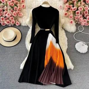 Retro Pleated Dress with Autumn and Winter Prints for Women’s Elegant Knit Gradient Patchwork Long Sleeved Waistband Midi Dress