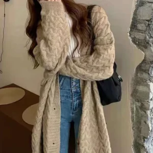 Retro Twist V-neck Sweater Cardigan Women’s Autumn and Winter Loose All-match Mid-length Knitted Women’s Coat