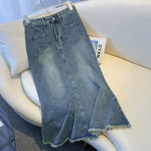 Retro Women’s Denim Skirt, High-Waisted, Slimming, Versatile, Soft Fabric