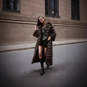 Reversible Fox Fur Coat Long Overcoat with Vintage Decoration Button Faux Mink Woolen Jacket Woven Parka Print Pattern