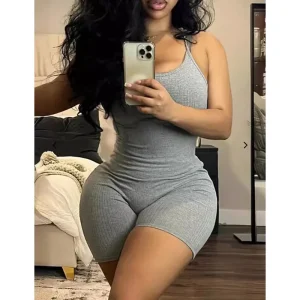 Rib Knit Romper Women Sleeveless Spaghetti Strap Plain High Elasticity Daily Women One Pieces Short Jumpsuits