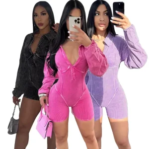 Ribbed Heavy Romper Bodysuit for Women Flare Long Sleeve Jumpsuit