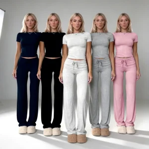 Ribbed Women’s Sets 2 Piece Set Women Short Sleeve Wide Leg Flare Pants Casual Loungewear Women Sets Women’s Clothing