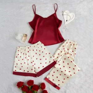 Romantic Heart Print Women’s Three Piece Pajama Set Red Satin Smooth Loungewear for Summer Spring and Fall