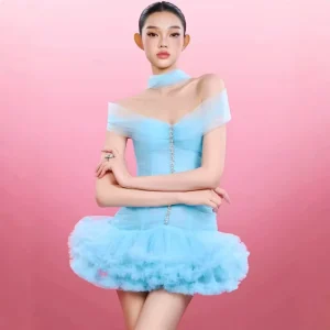 Romantic Off the Shoulder Empire Waist A Line Mesh Ruffle Edge Fluffy Women’s Banquet Dress