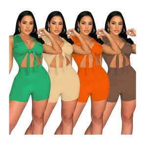 Rompers Jumpsuit Tie Plain Color Ribbed Summer Women Jumpsuits