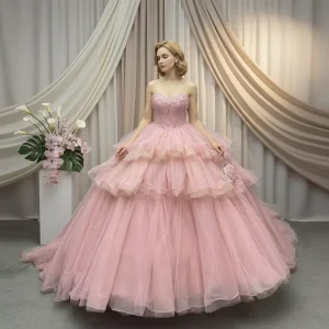 Rose Garden Sweetheart Pink Layered Quinceanera Ball Gown Floor-Length Vestidos De 15 Anos XV Women’s Party Wear Evening Dress