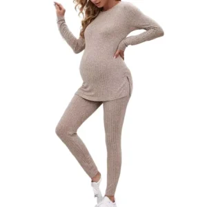 Round Neck Rayon Slit Hem Top and Adjustable Stretch Waist Pants Maternity Dress for Women