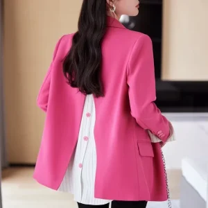 S-2XL Contrasting Color Lazy Style Sweet Cool Women’s Jacket Back Slit Design Striped Patchwork Small Suit