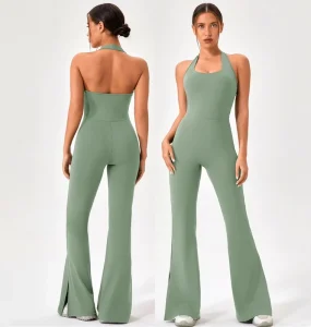 S-2XL Women’s Shockproof Padded Gym Fitness Yoga Bodysuit Workout Pilates Romper Halter-neck Backless Split Flared Jumpsuit