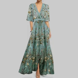 S-3XL Elegant Floral Print Maxi Dress Women’s V Neck Half Sleeve Waist Slimming Party Long Dress Women’s Casual Dresses