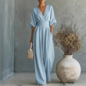 S 5XL Solid Color Elegant Slim Fit V Neck Women’s Jumpsuit